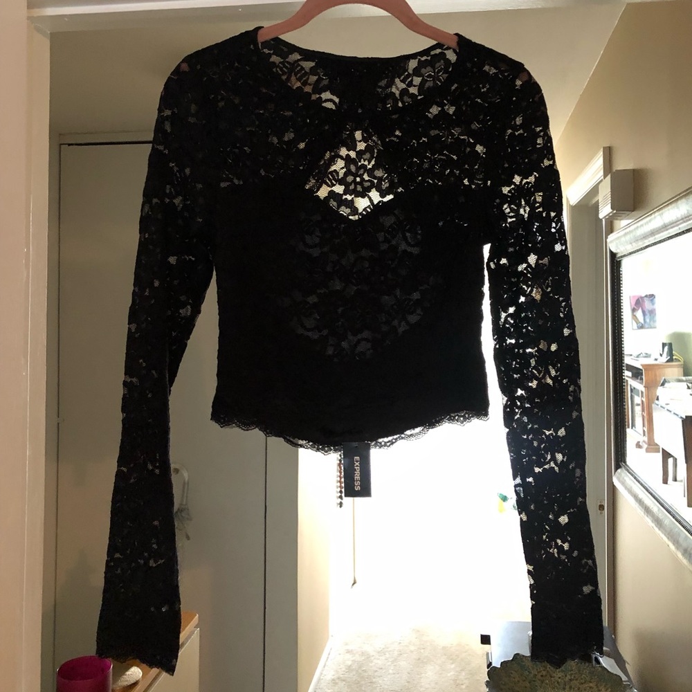 EXPRESS Long Sleeve Lace Open-Back Crop Top